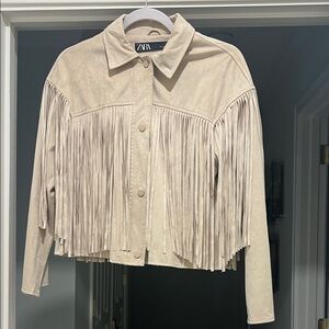 ZARA Boho Fringe Cropped Jacket in Cream